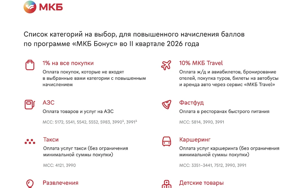 КАТЕГОРИИ КЭШБЭКА В МКБ НА ВТОРОЙ КВАРТАЛ И БОНУСЫ ЗА ОФОРМЛЕНИЕ КАРТЫ