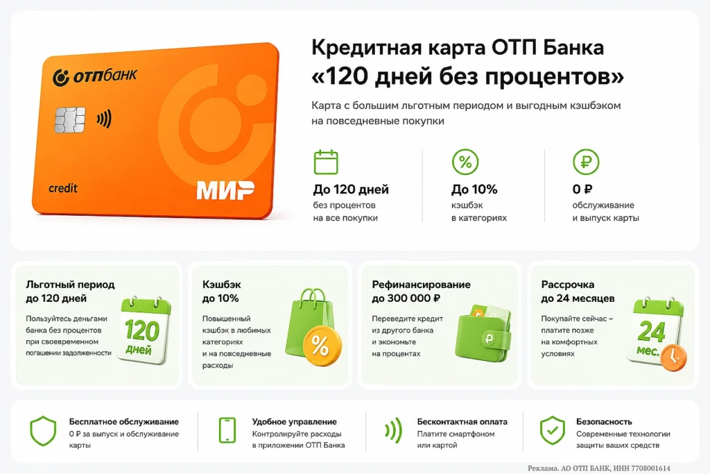 Кредитная карта ОТП Банка «120 дней без процентов» – обзор условий и кэшбэка