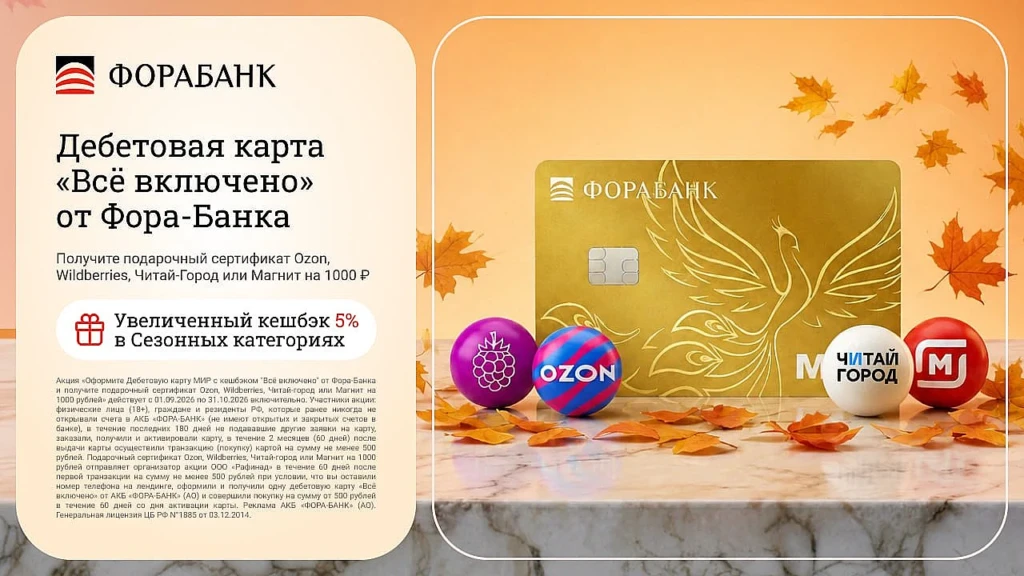 Сертификат на 1000₽ за дебетовую карту Фора-Банка
